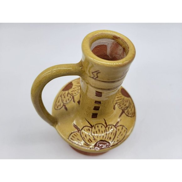 Pennsylvania Yellow Ware Glazed Chimney Candlestick W/Handle Incised Design - Picture 14 of 14